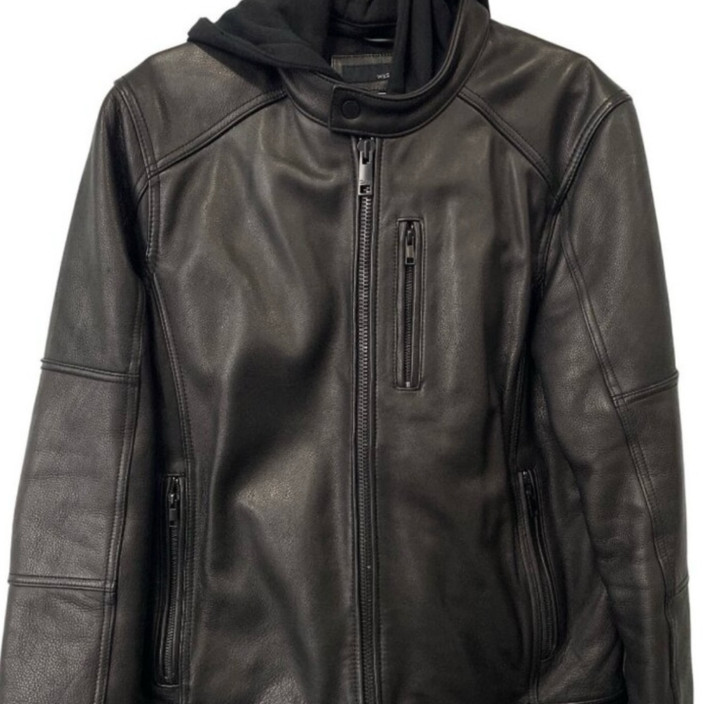 Wilsons Leather Hooded Jacket Size Medium Black Genuine Leather Quilted Lining